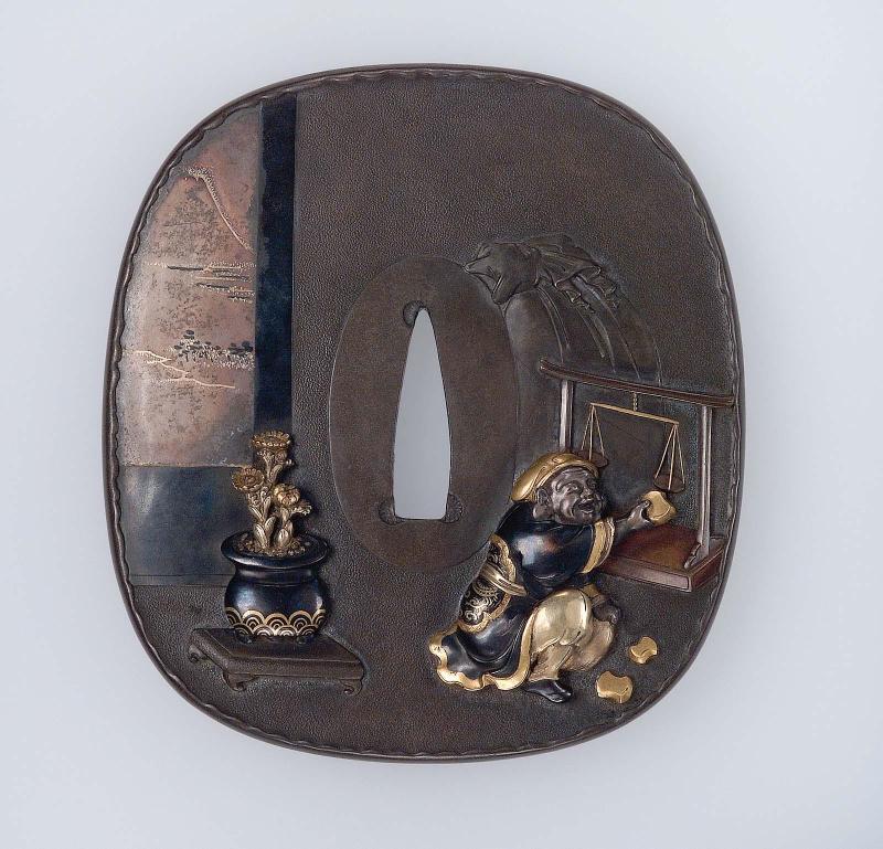 Tsuba with design of Daikoku using weights and a balance
