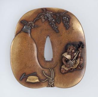 Tsuba with design of oni playing a shamisen on a giant gourd