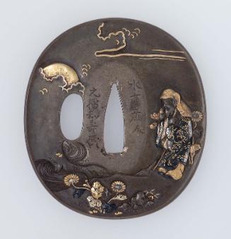 Tsuba with design of a Chinese sage and attendants, with chrysanthemums