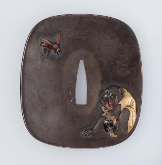 Tsuba with design of a bespectacled monkey studying a netsuke of a monkey