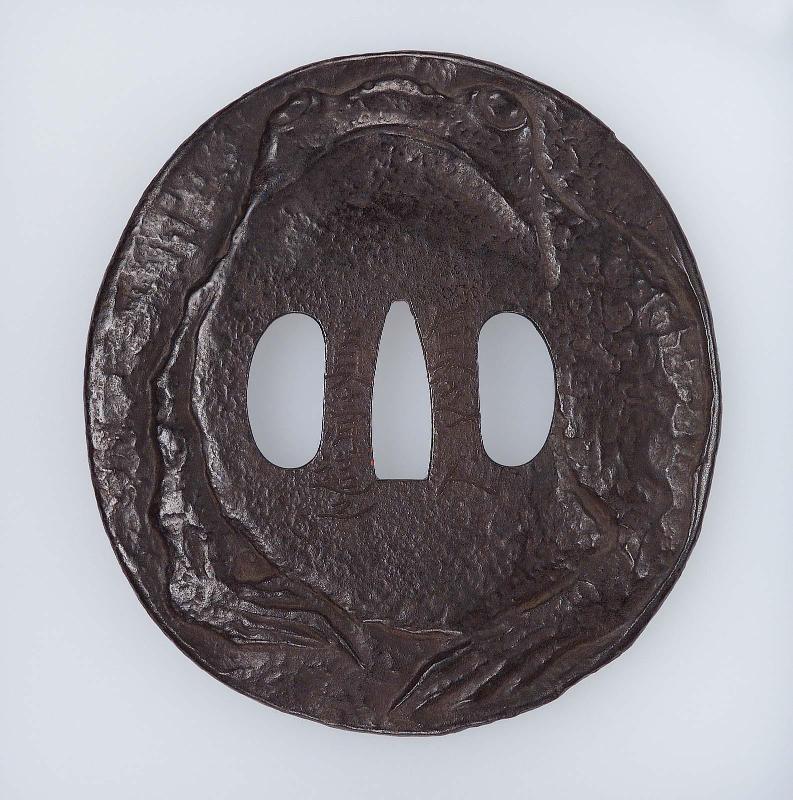 Tsuba in the form of a toad on a lotus leaf