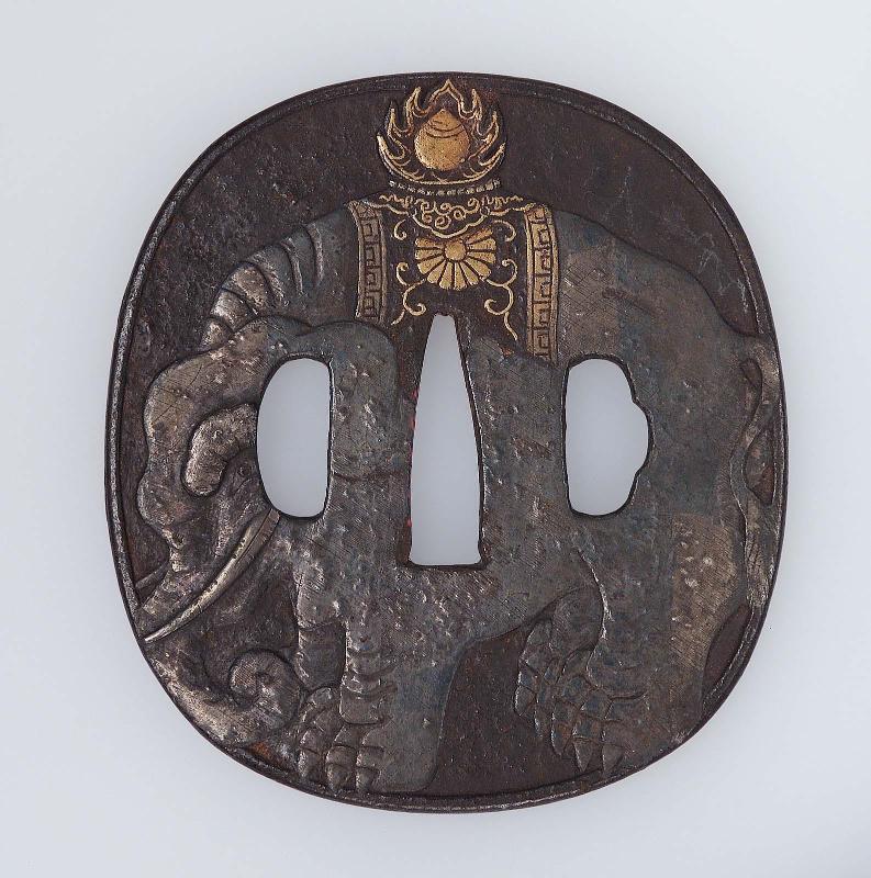 Tsuba with design of an elephant bearing a flaming jewel on its back