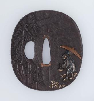 Tsuba with design of shrine attendant with lamp and umbrella