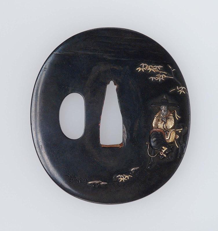 Tsuba with design of So Toba going into exile on horseback with an attendant