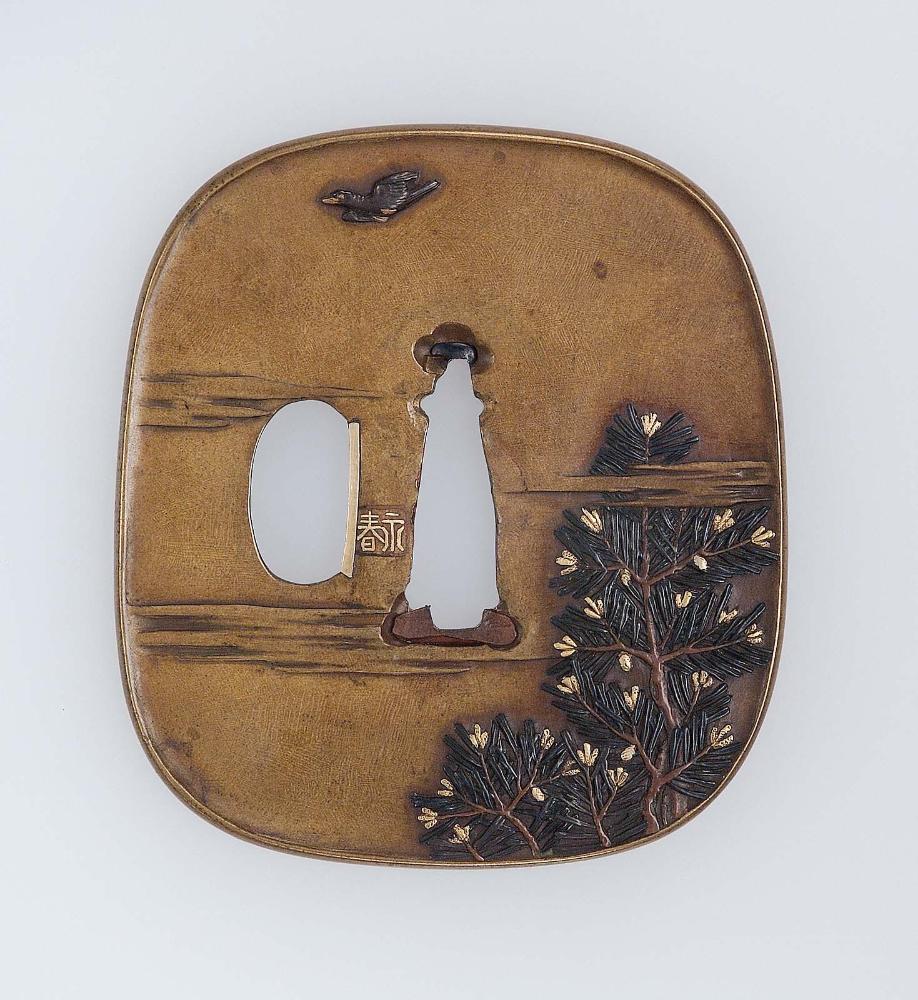 Tsuba with design of pine, bird and crescent moon