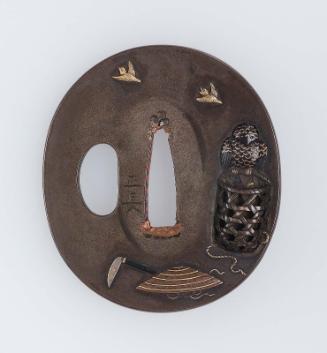 Tsuba with design of farmer's tools, tea-kettle and birds