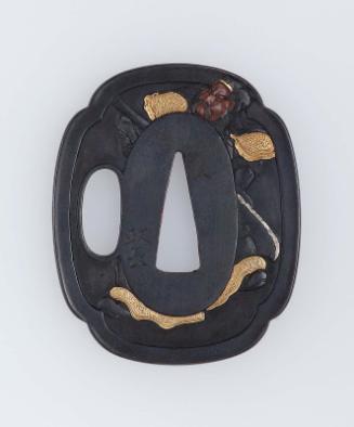 Tsuba with design of Kan'u (Guan Yu) guarding the wives of Gentoku (Xuande), from the Sangokushi (Sanguozhi)