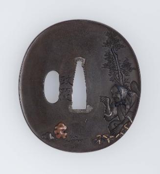 Tsuba with design of farmer, fox and naruko