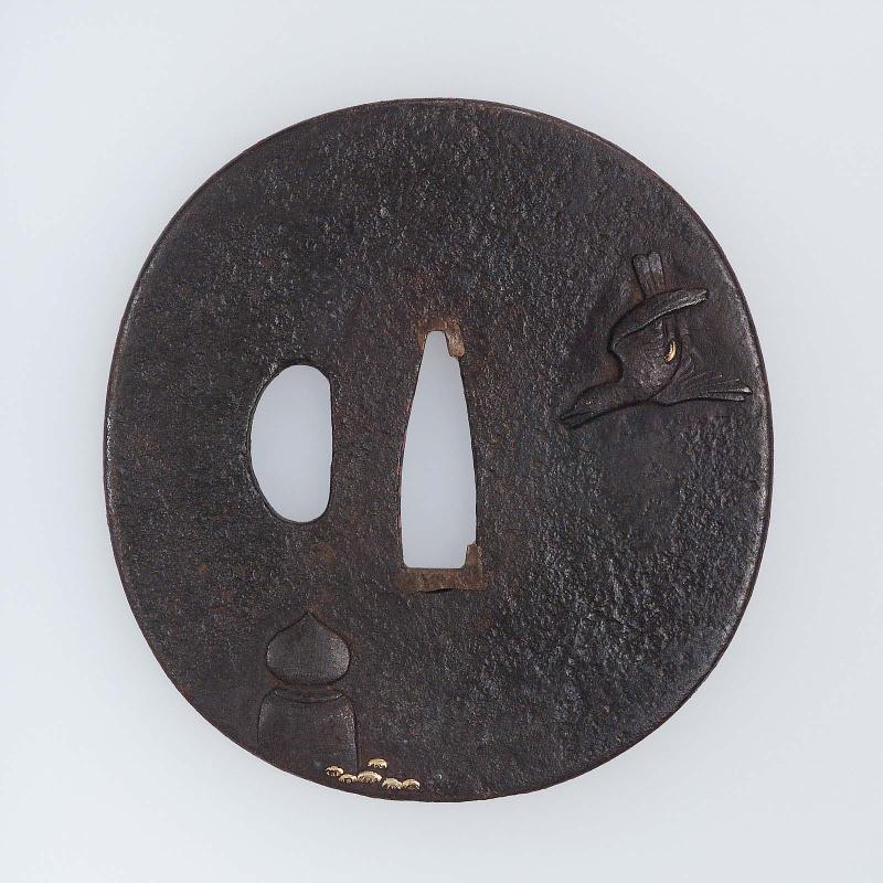 Tsuba with design of bird and bridgepost, with the moon behind clouds