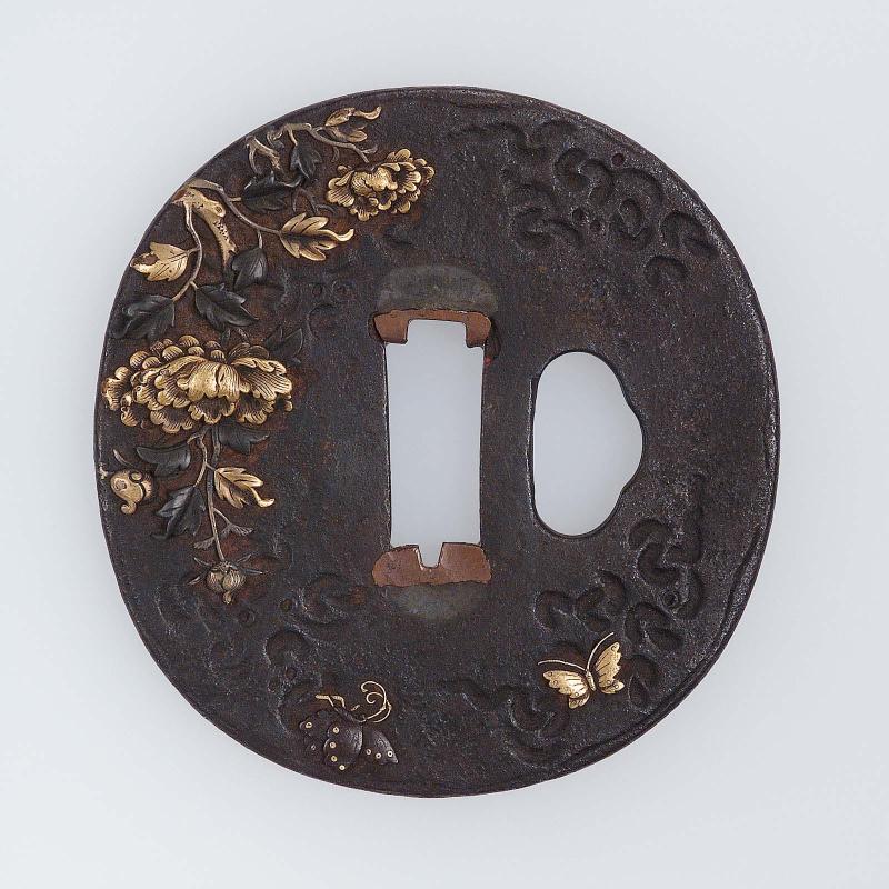 Tsuba with design of peonies and butterflies