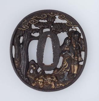 Tsuba with design of ijin couple and shishi, with a tree