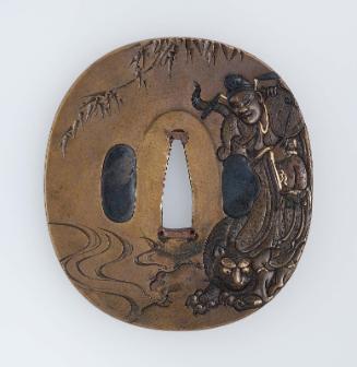 Tsuba with design of a sennin (probably Tôhô or Ôen) and tiger