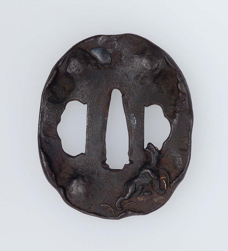 Tsuba with design of wolf, skull and moon (Musashino)