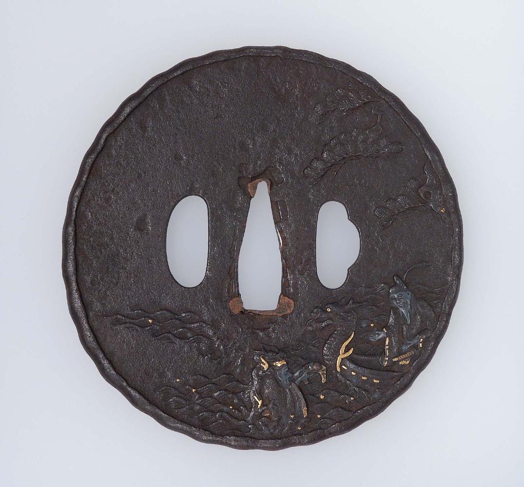 Tsuba with design of Ryujin returning a jewel to Fujiwara no Kamatari, from the Taishokkan