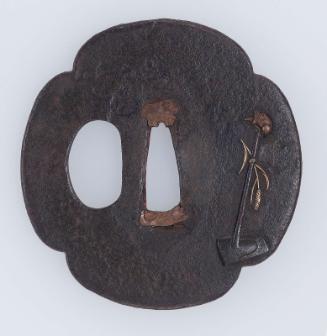 Tsuba with design of sparrow, ear of rice and mattock