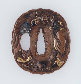 Tsuba with design of Buddha, Laozi and Confucius with a jar of sake