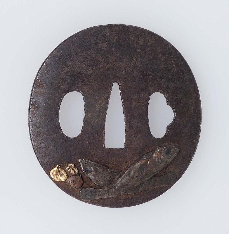 Tsuba with design of dried fish and fruit