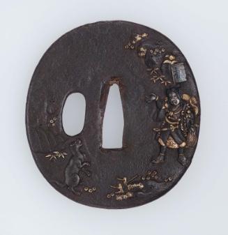 Tsuba with design of Momotaro and dog