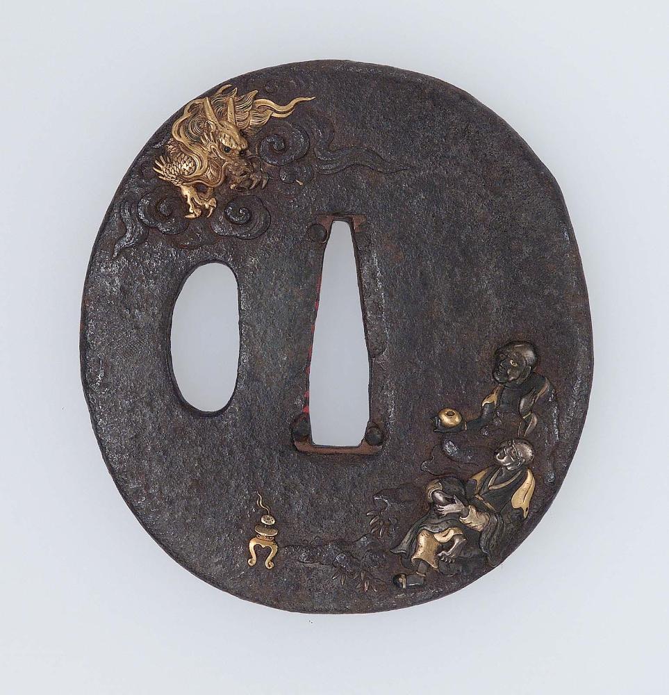 Tsuba with design of Handaka Sonja and another rakan with a dragon