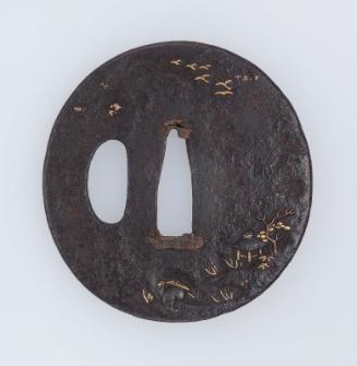 Tsuba with design of landscape with farmer and rustic dwelling