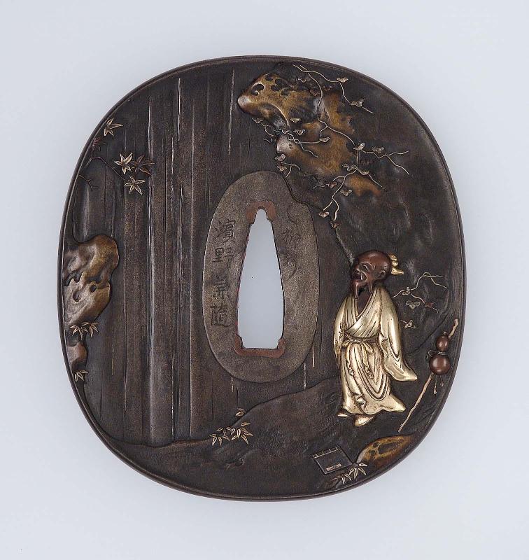 Tsuba with design of Li Bai admiring a waterfall