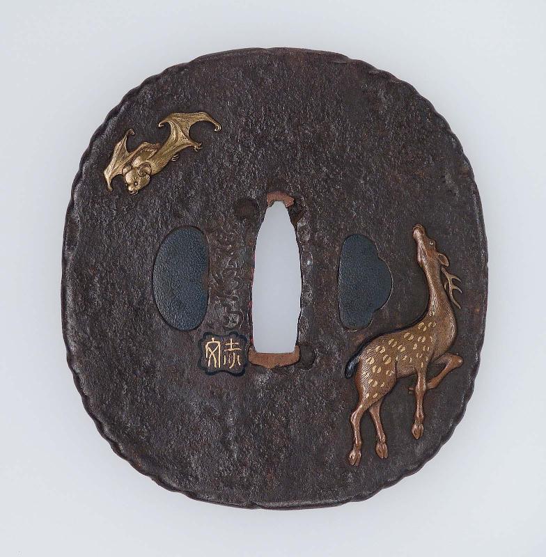 Tsuba with design of deer, bat and reishi fungus