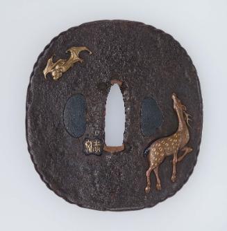 Tsuba with design of deer, bat and reishi fungus