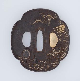 Tsuba with design of the rays from the Sun Goddess Amaterasu shining from her cave retreat while Amenokoyane forces the rock door open