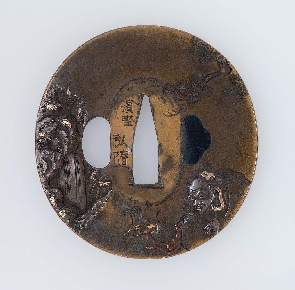 Tsuba with design of Chokaro Sennin releasing a colt from a gourd