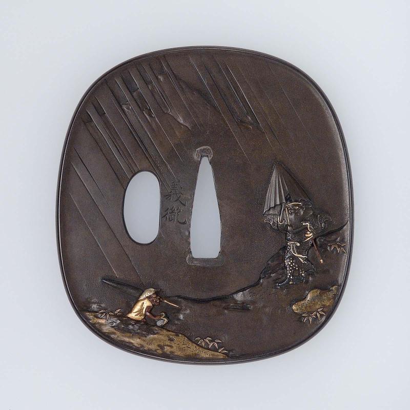 Tsuba with design of Shoki and an oni with umbrellas