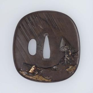 Tsuba with design of Shoki and an oni with umbrellas