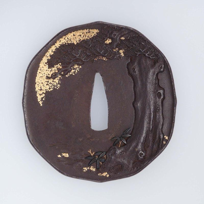 Tsuba with design of pine tree and egrets
