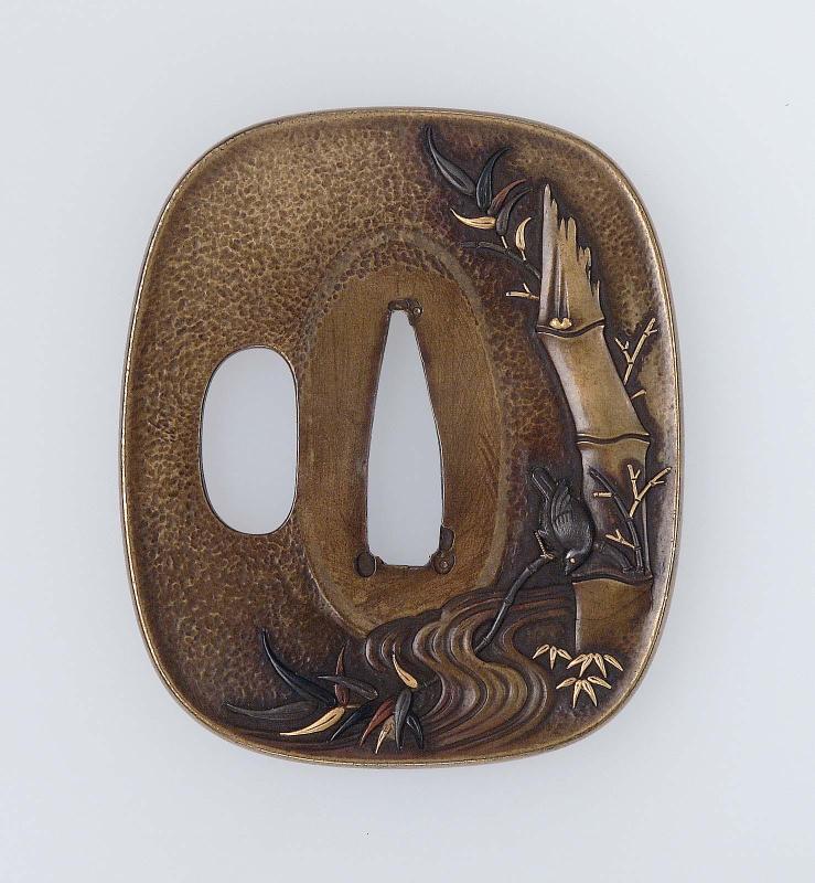 Tsuba with design of bamboo, bird and stream