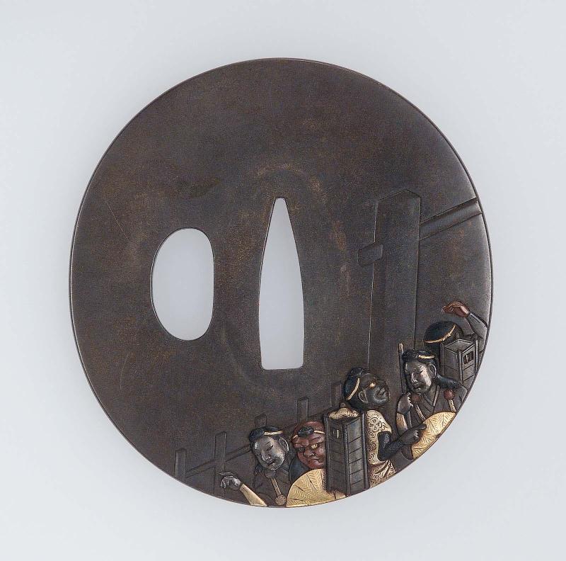 Tsuba with Yoshitsune, Benkei and followers disguised as traveling monks approaching the Ataka barrier