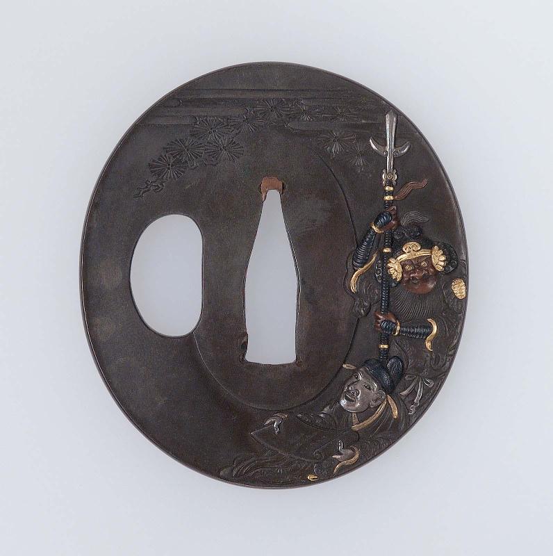 Tsuba with design of Guan Yu (Kan'u) and Shokatsuryo (Zhuge Liang) under a tree, from the Sangokushi (Sanguozhi)