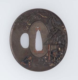 Tsuba with design of man running for shelter from a storm, and elderly couple with a monkey