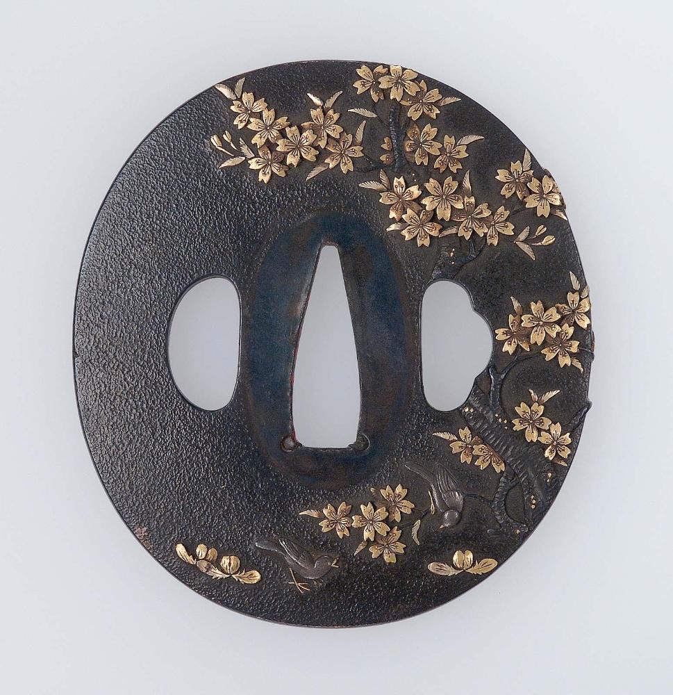 Tsuba with design of cherry-tree and sparrows