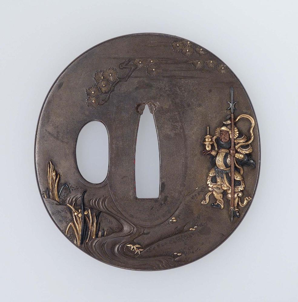 Tsuba with design of Bishamon standing by a stream