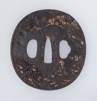 Tsuba with design of Chinese sage with koto and karako, pine and crane