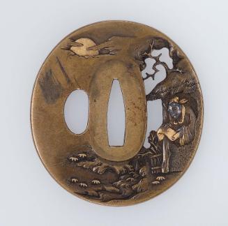 Tsuba with design of Chinese sage with scroll in a rustic dwelling