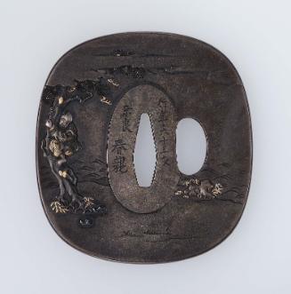 Tsuba with design of karako playing with scroll, trumpet, deer and rat