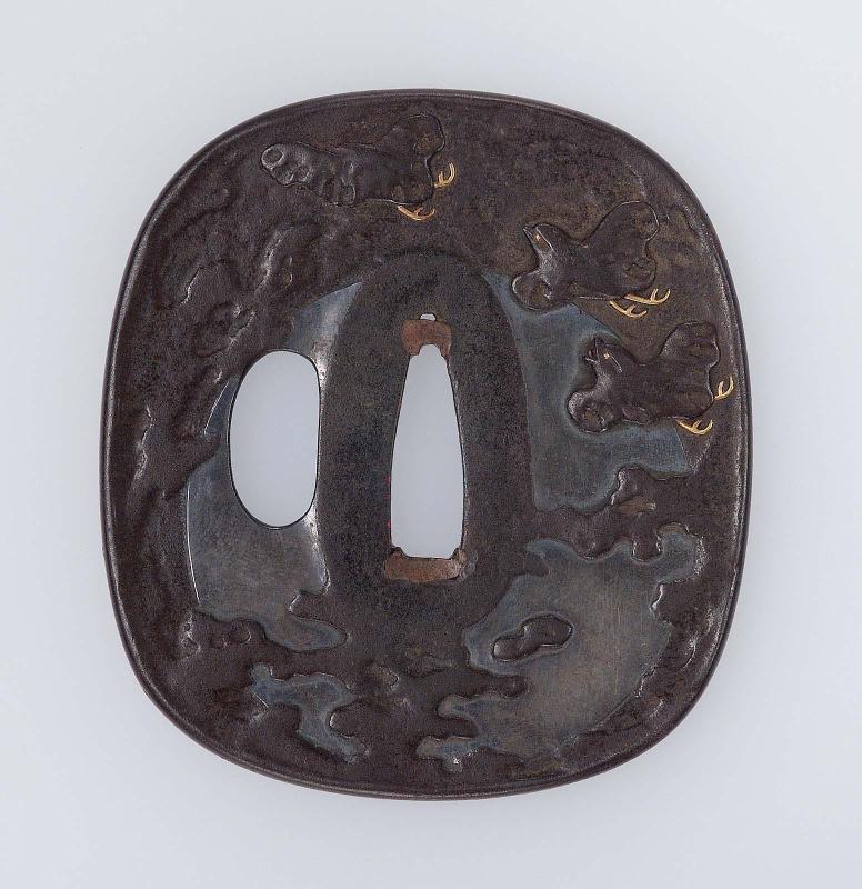 Tsuba with design of chidori, waves and moon