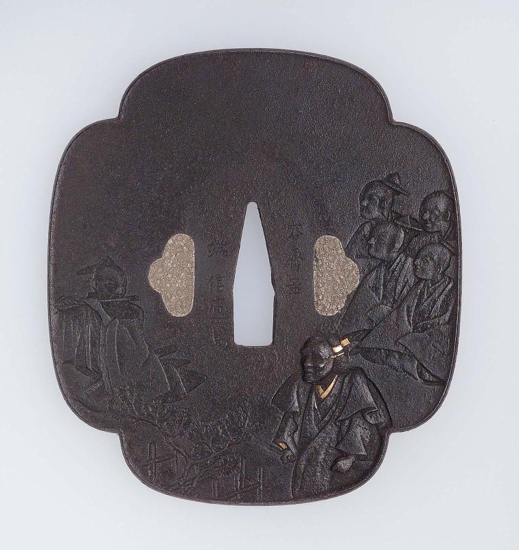Tsuba with design of No performer, seated flautist and audience