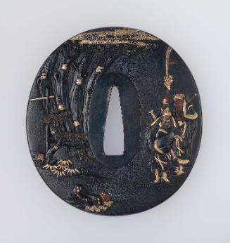 Tsuba with design of Gentoku (Xuande), Kan'u (Guan Yu), and Chôhi (Zhang Fei), from the Sangokushi (Sanguozhi)
