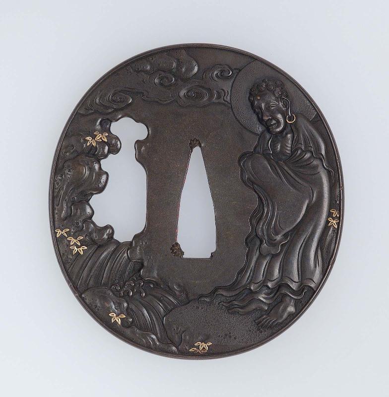 Tsuba with design of Shakyamuni and waterfall