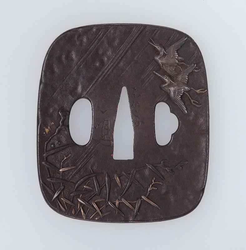 Tsuba with design of flying cranes and bamboo
