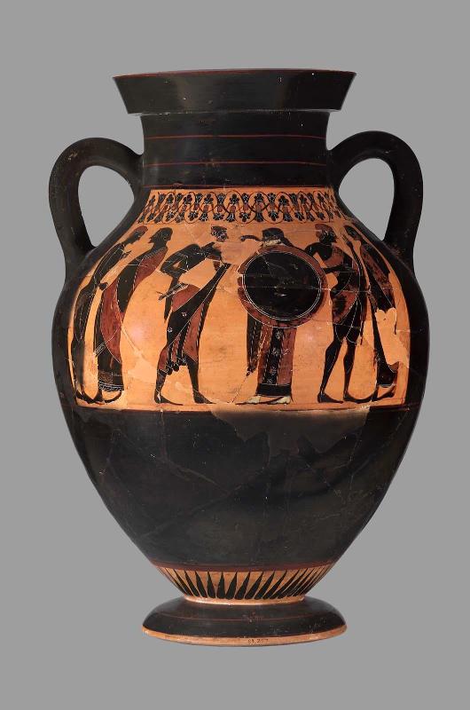 Two-handled storage jar (amphora) with a warrior departing