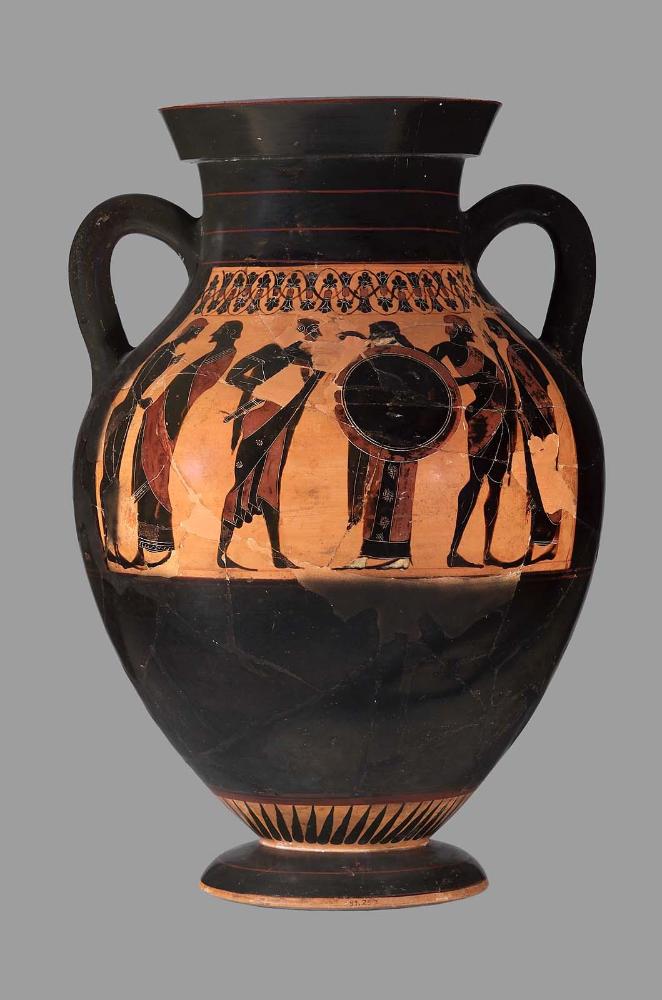 Two-handled storage jar (amphora) with a warrior departing