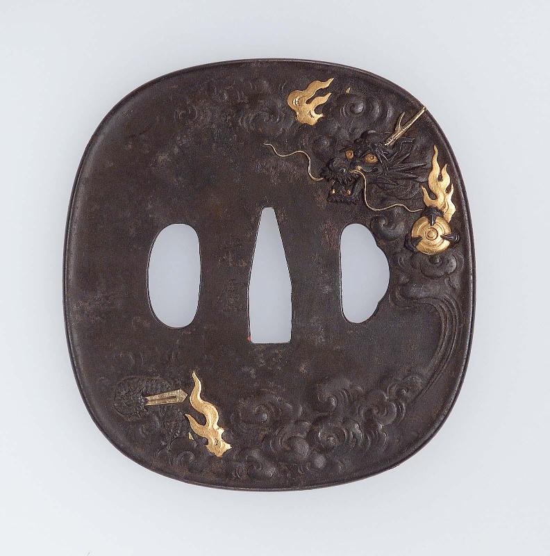 Tsuba with design of dragon, clouds and waves