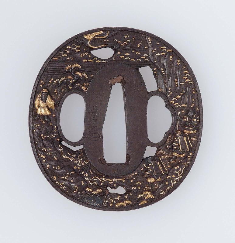 Tsuba with design of the Sumiyoshi deity appearing to Raiko and his followers on their way to the Shutendoji's lair on Oeyama